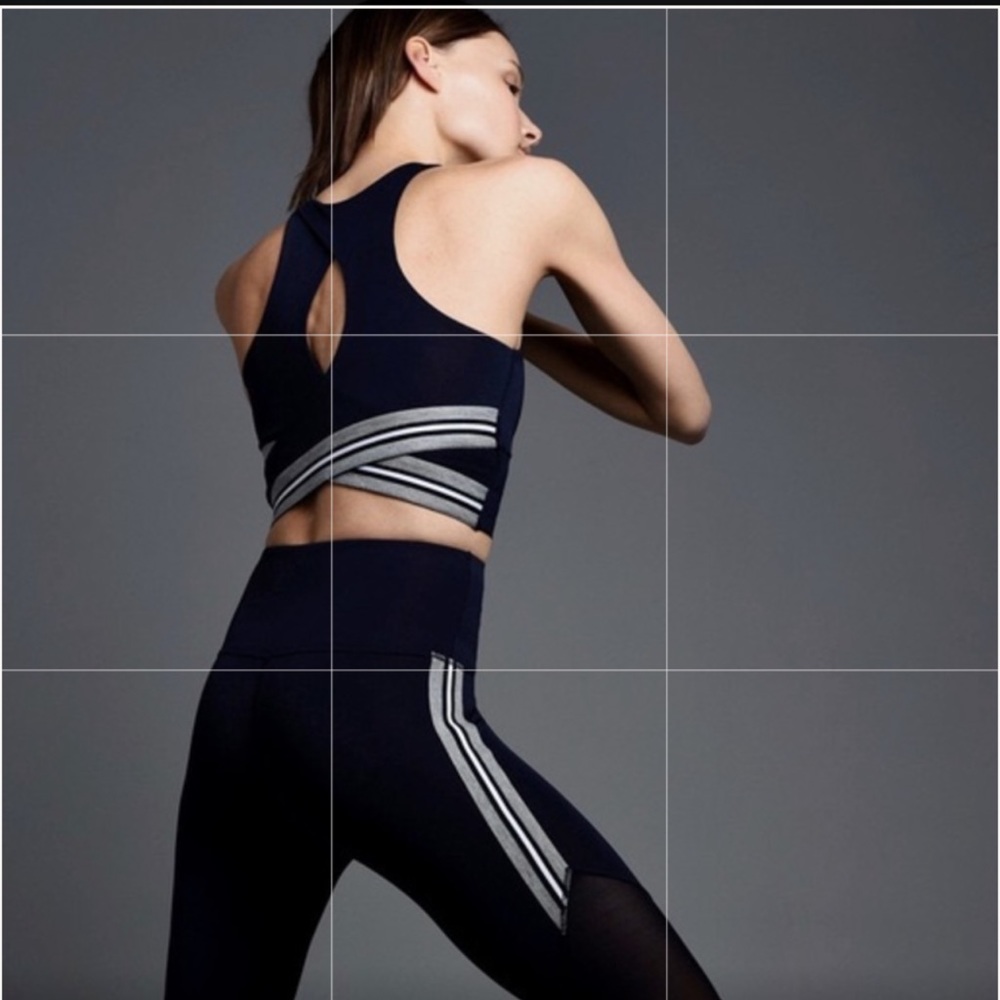 BNWT NYLORA LEGGINGS navy with charcoal and white stripe detail. Medium